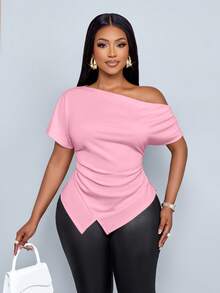 SOLERSUN Women's Elegant Asymmetric Neckline Ruched Asymmetric Hem T-Shirt - Baby Pink - View 3