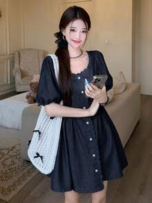 DAZY Women's Lace Casual Puff Sleeve Retro Denim Blouse - Blue - View 4