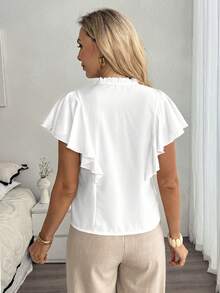 Isle Nomé Women's White Pleated Stand Collar Shirt With Layered Short Sleeves Casual Top - White - View 2