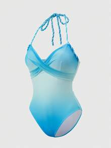 Swim Oasis Bộ áo tắm liền thân cổ yếm phối màu ombre dành cho nữ, kèm áo khoác ngoài và chân váy cùng màu, hoàn hảo cho kỳ nghỉ. - Màu xanh lam - Xem 8