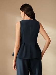 Áo tank top nữ dáng chữ A ôm eo, thêu họa tiết thanh lịch, vạt áo bất đối xứng - Màu xanh hải quân - Xem 2