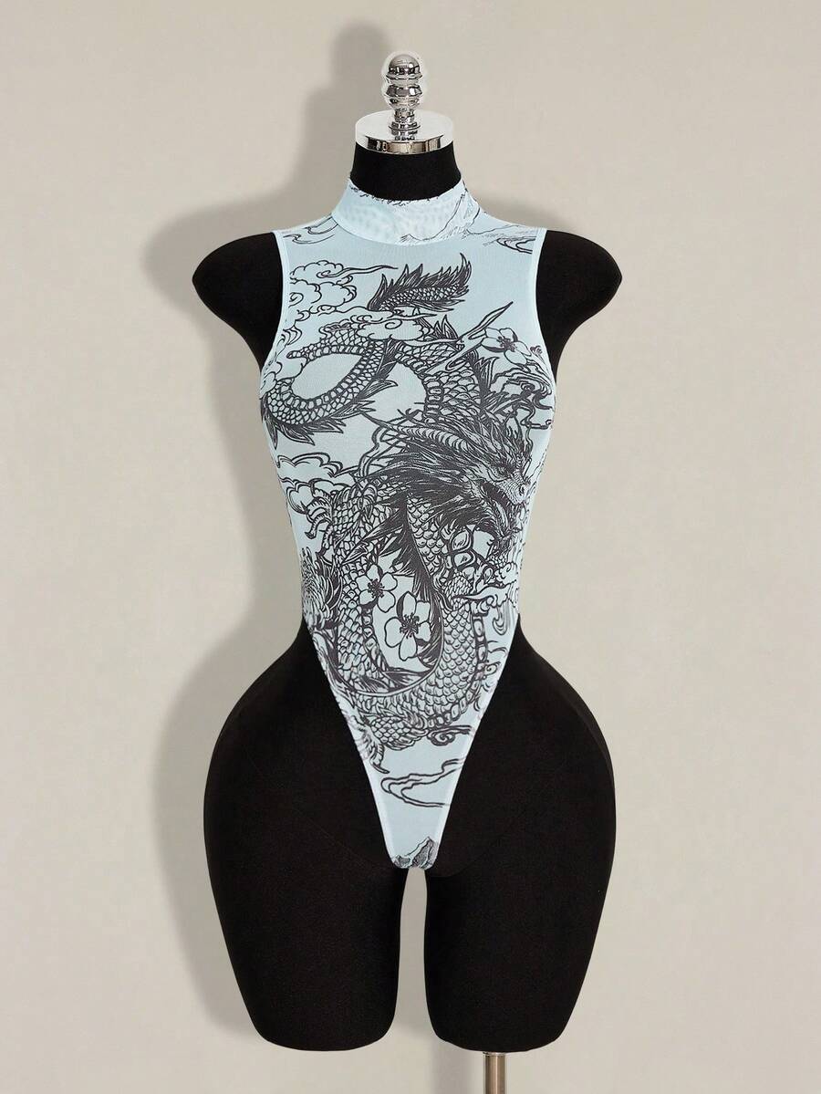 SHEIN ICON 女士龙纹紧身连体衣，性感前卫，秋冬款 - 淺藍色 - 查看 1