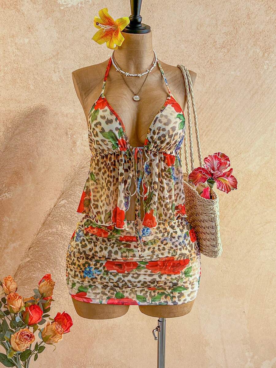 Soleia Bộ đồ 2 món dành cho nữ, họa tiết da báo và hoa, kiểu áo yếm buộc dây phía trước và chân váy ngắn xếp ly. - Nhiều màu - Xem 1