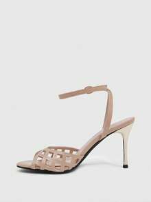 CUCCOO SZL 女士鞋履 女士高跟凉鞋 春夏新款漆皮网面镂空露趾细高跟8.5厘米法式复古优雅约会百搭纯色女鞋 - 杏色 - 查看 4