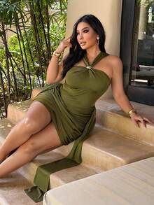 NU&NOW Plus Size Solid Color Halter Neck Bodycon Vacation Dress Plus Size Beach Outfit For Women Resort Wear Curve Cruise Outfit For Women Curvy - Green - View 6