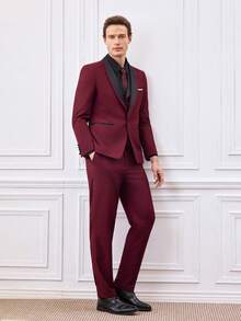 Officeau SuitGent 三件套男士高品质商务西装，撞色新郎婚礼礼服，修身休闲西装外套和裤子套装，春季礼服套装 - 酒紅色 - 查看 13