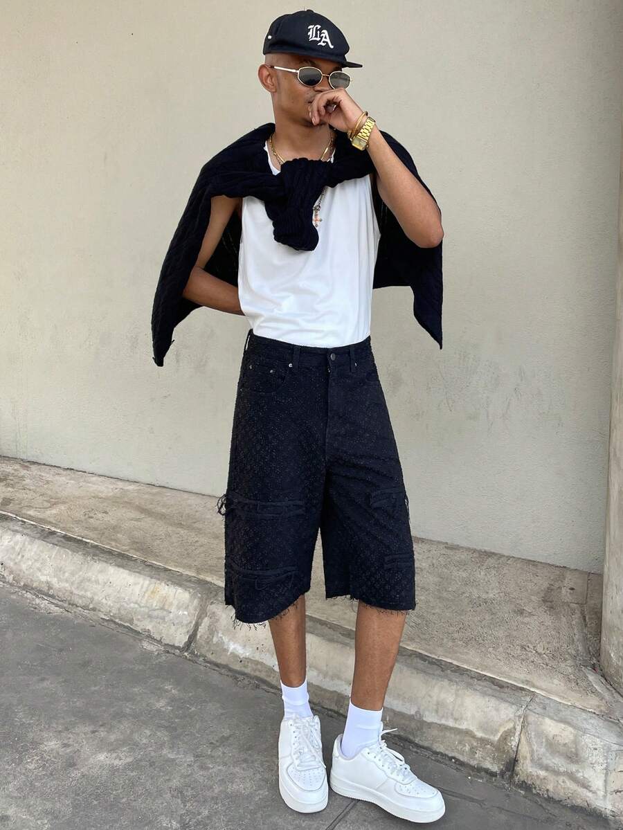 Ngobest Haus Ngobest Haus Men's Casual Loose Fit Distressed Denim Wide Leg Shorts - Black - View 1