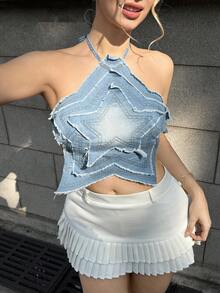 MainGRL Women's Tie-Neck Backless Sexy Versatile Denim Blouse For Dates & Outings - Blue - View 1