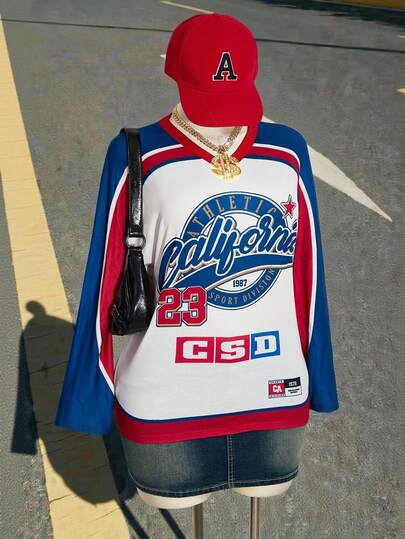 SHEIN ICON Women's Plus Size Retro, Avant-Garde, Bold, Modern, Fashionable, Sporty, Casual, Streetwear, Sportswear, Red And Blue Color Blocking, Letter And Number Print, V-Neck, Loose Long-Sleeve T-Shirt