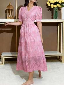 Modelyn V-Neck Embroidered Petal Sleeve Pink Dress - Pink - View 6