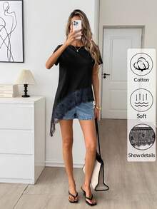 Easowa 女士黑色圆领短袖T恤，蕾丝下摆不对称设计，纯棉材质，春夏款 - 黑色 - 查看 5