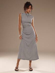 Avantive Black And White Checkered Stretch Sleeveless Long Dress For Workwear, Minimalist Design Summer Outfit For Women Spring Break Outfits Valentine's Day Fasching Women Costume Beach Outfits For Women Casual Outfit Formal Wedding Party,Formal Occasion,Special Occasion Elegant,Chic,Re-Wearable Comfortable Date Night Romantic Carnival Going Out Summer Vacation Outfits Casual Sleeveless Dress Casual Long Dress Gray Dress For Women Dresses For Women Elegant Midi Dress - Black and White - View 4