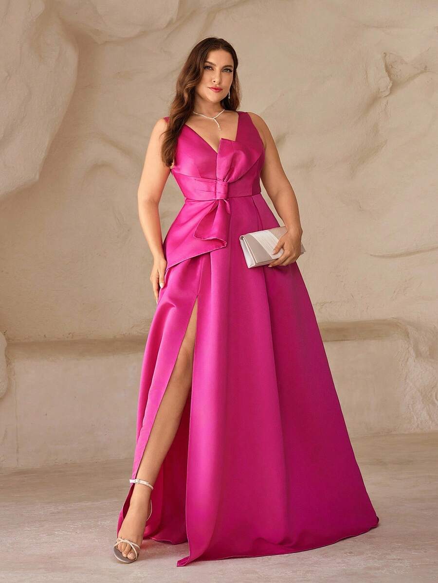 SHEIN Belle Petite Curve Plus Size Petite Fuchsia Deep V-Neck High Slit Asymmetrical Bow Formal Dress,Elegant Evening Gown,Pink,Spring,Formal Party,Prom,Fit For 150-160cm - Hot Pink - View 1
