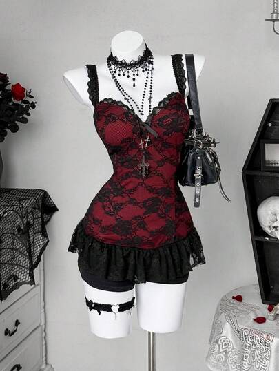 Sunspun 加大码蕾丝拼接红黑撞色吊带背心