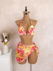 Bellisia 4pcs/Set Summer Beach Vacation Tie-Dye Halter Top And Bodycon Skirt Outfit - Multicolor - View 1