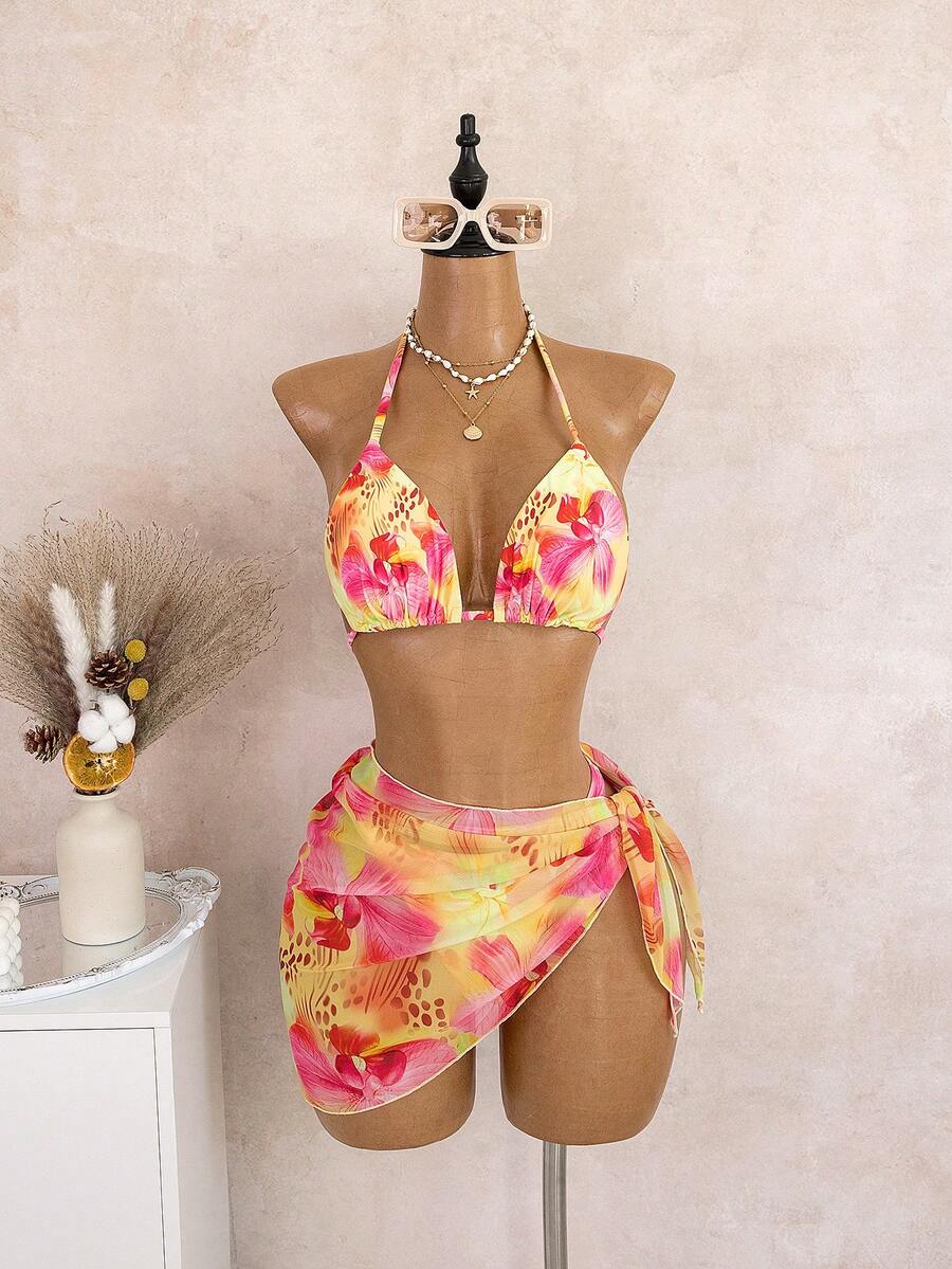 Bellisia 4pcs/Set Summer Beach Vacation Tie-Dye Halter Top And Bodycon Skirt Outfit - Multicolor - View 1