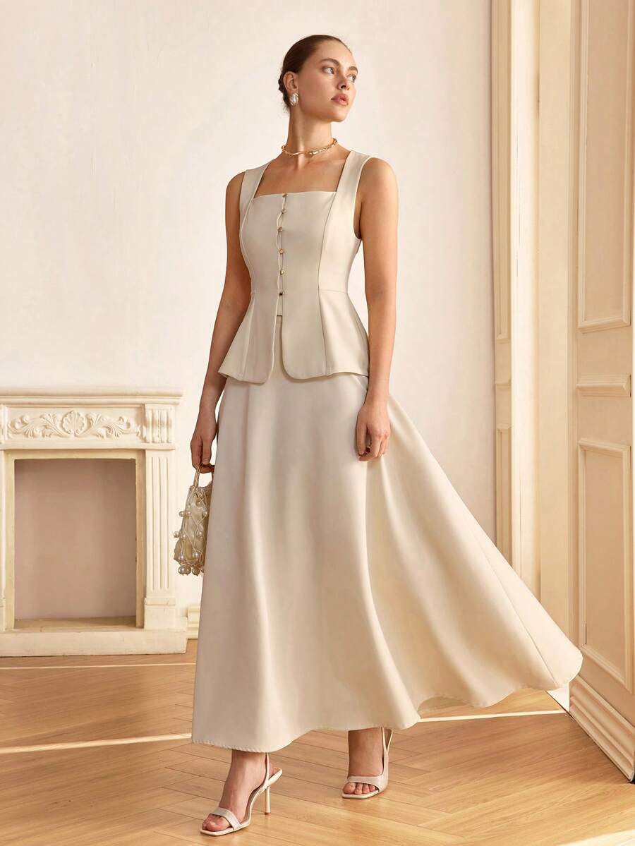 CLARA VERO Button Front Peplum Tank Top & Skirt - Apricot - View 1