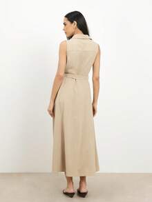 KSTM Sleeveless Button Front Midi Shirt Dress With Collared Neckline And Tie Belt Waist Detail For Casual Work Day Occasions - Khaki - View 2