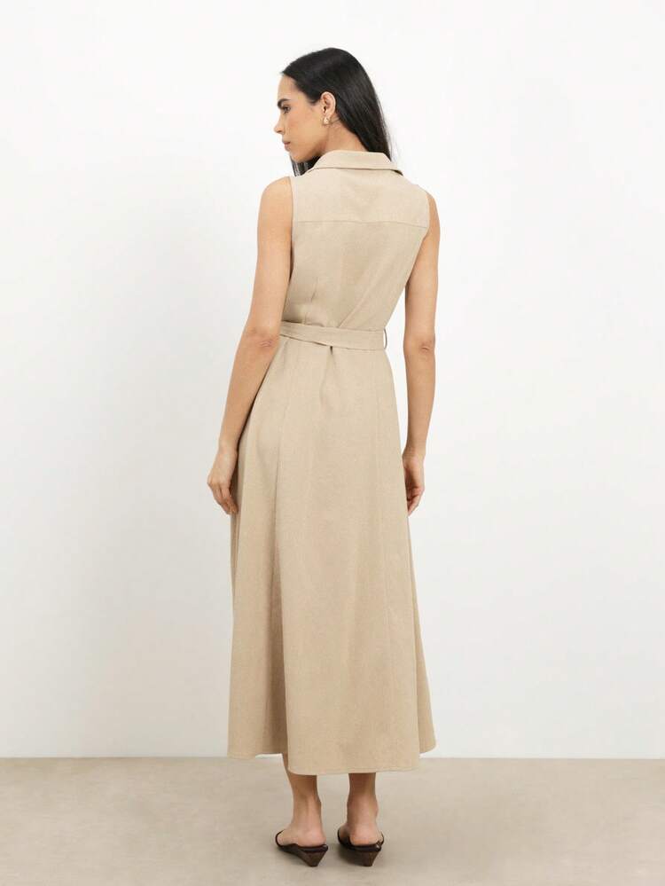 KSTM Sleeveless Button Front Midi Shirt Dress With Collared Neckline And Tie Belt Waist Detail For Casual Work Day Occasions