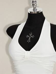 SHEIN ICON Plus Size Black Halter Ruched Backless Top, Bow Tie, Suitable For Vacation, Music Festival, Punk - White - View 8