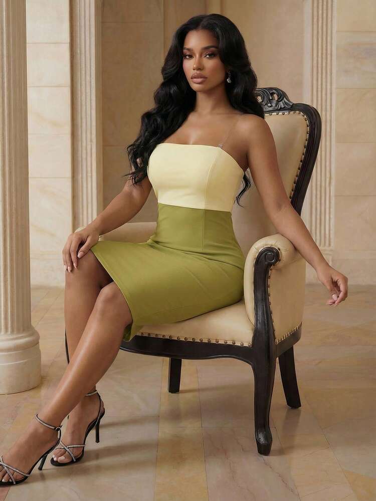 Women's Elegant Party Color Block Fitted Mid-Length Tube Dress