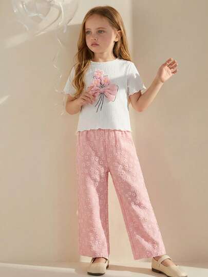 Playful Pals 2pcs/Set Toddler Girls' Knitted Jacquard White 3D Floral Pattern Short Sleeve Top And Elastic Waist Casual Pants, Suitable For Spring/Summer Casual Wear And Outdoor