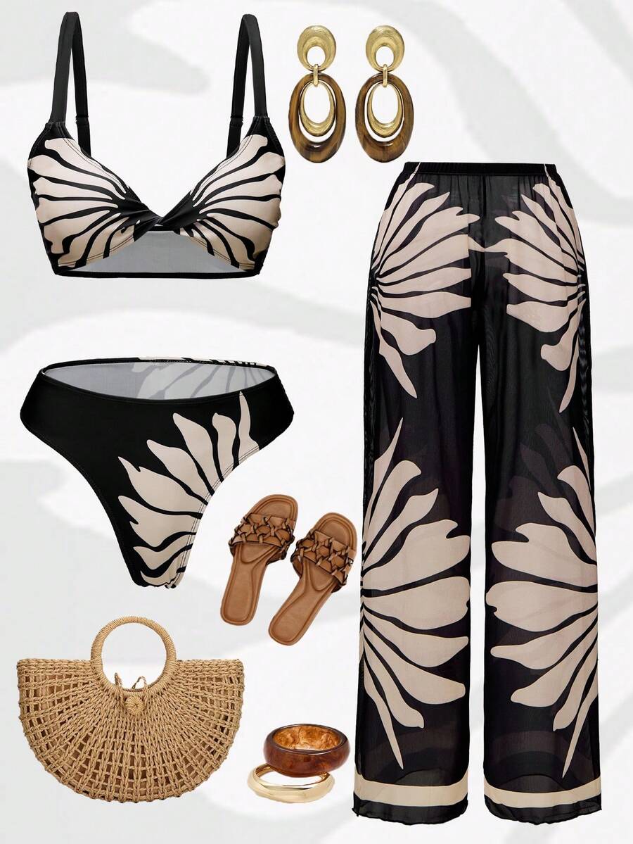 Swim Oasis Costume de baie de plajă pentru femei, model vacanță de vară, alb-negru, cu imprimeu, pantaloni largi din plasă, costum de baie din 3 piese - Alb-negru - Vizualizare 1