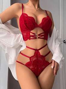 Set de 2 piezas Sujetador inalámbrico sexy de encaje (Sujetador inalámbrico + Tanga) para mujeres para salir - Burdeos - Ver 3