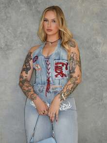 Arliah 女士 Y2K 复古运动芭蕾风图案刺绣抽绳低腰性感露脐牛仔上衣 - 淺藍色 - 查看 3