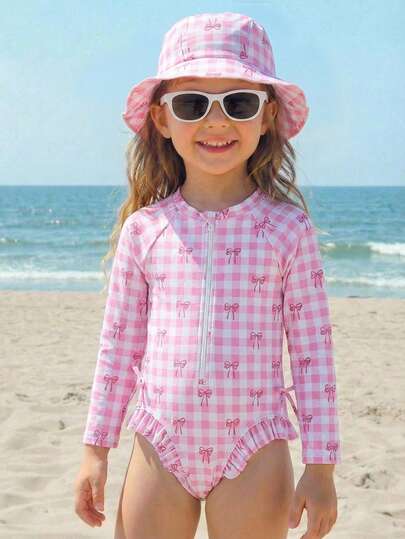 SHEIN Emery Rose Kids Young Girl Butterfly Plaid Print Long Sleeve One-Piece Swimwear Set (With Hat), Young Girl Swimwear Set, Young Girl Beach Outfit, Young Girl Long Sleeve Rash Guard Beach Set Suitable For Vacation, Summer Zipper Round Neck Swimwear
