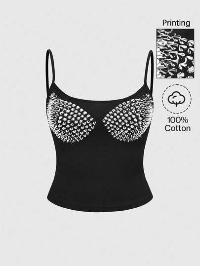 ROMWE Grunge Punk Music Festival Vintage Sexy Punk Print Faux Rivet Strap Plus Size Camisole And Tank Top