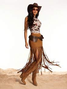 Radiana 女士性感简约棕色低腰弹力绒面流苏半身裙，低腰长裙，复古西部流苏裙，西部乡村音乐节风格，适合休闲外出、音乐节、演唱会、派对、街头风等场合。 - 棕色 - 查看 7