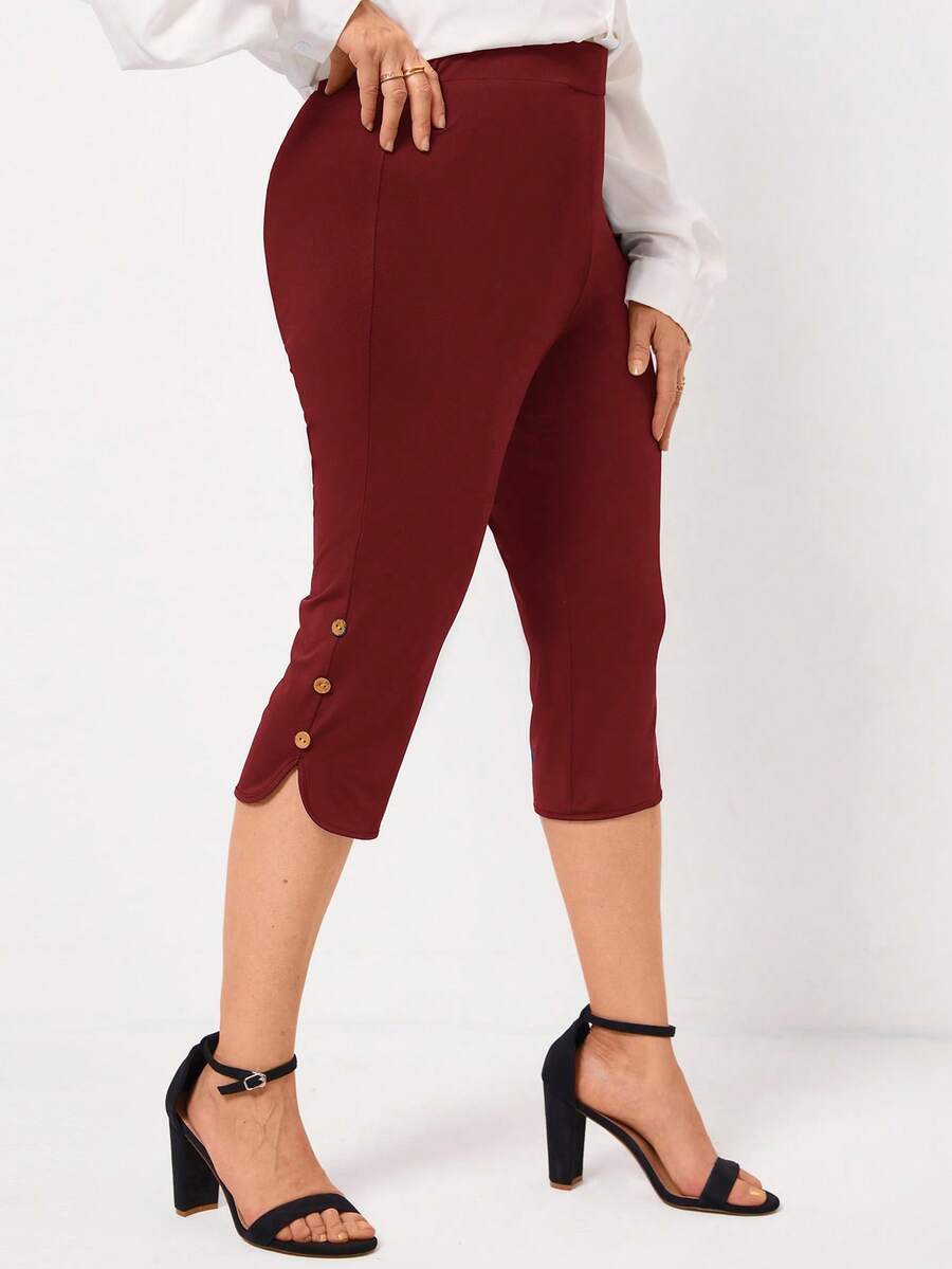 EMERY ROSE Quần ống ôm dáng thanh lịch màu đen dành cho nữ cỡ lớn, thích hợp mặc mùa xuân/hè, có cúc trang trí, kiểu dáng "quần mẹ". - Màu Đỏ Sâu - Xem 1