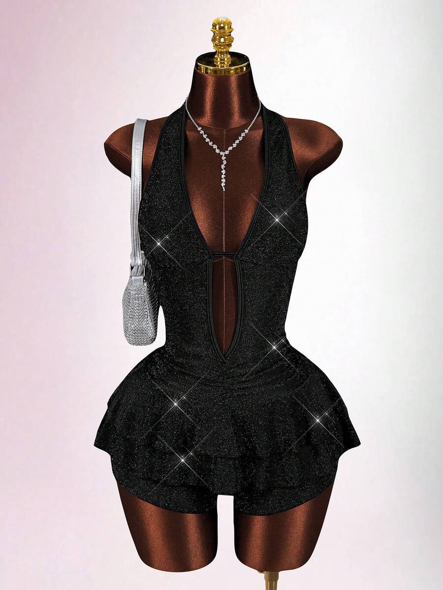 Amplova Bộ jumpsuit nữ màu hồng bóng bẩy, gợi cảm và phá cách, thích hợp cho buổi hẹn hò ngày Valentine, cổ yếm, hở lưng, khoét rỗng phía trước và giữa, vạt áo bất đối xứng. - màu đen - Xem 1