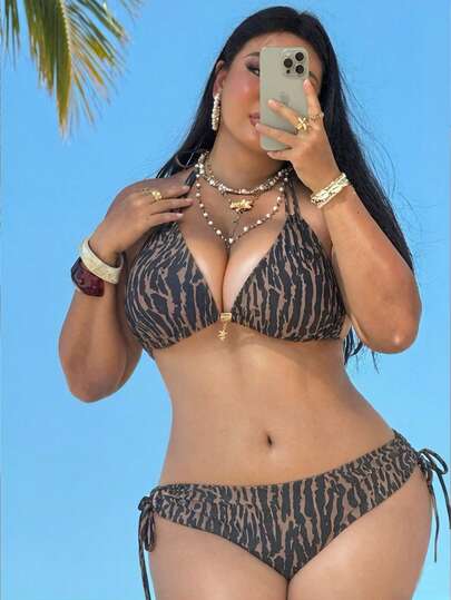 Swim Vcay Plus Size Printed Halter Strap Triangle Bikini Top With Metal Decor And Tie-Back, Paired With High-Waist Cutout Tie-Side Bottoms, Sexy & Elegant Beachwear Swimsuit Set