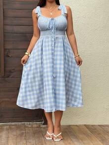 Sunnyshic Đầm dài không tay kẻ caro xanh dương dành cho nữ, thích hợp cho mùa xuân/hè. - Màu xanh lam - Xem 3