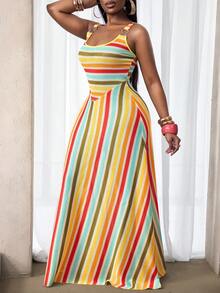 BamGleam Abito senza maniche a righe colorate, casual per vacanze - Multicolore - Visualizzare 3