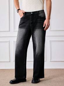 Officeau HEHCN 男士口袋水洗黑色阔腿休闲宽松牛仔裤，街头风宽松长裤，适合送给丈夫、男友 - 黑色 - 查看 5