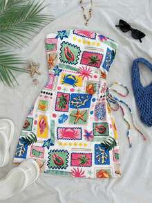 Soleia 大码女式印花褶皱扭结设计休闲日常度假抹胸连衣裙 - 彩色 - 查看 4