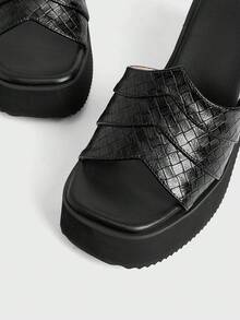 ROMWE Goth Women's New Slope Heel Thick Bottom Square Toe Bright Splicing Open Toe Thick Waterproof High Heel Outer Wear Cool Slippers - Black - View 4