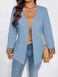 EMERY ROSE Plus Size Women Casual Long Sleeve Blazer Jacket With Leopard Print Patchwork - Blue - View 3