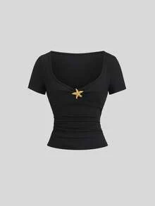 Sweetra Women's Metal Starfish Decor Short Sleeve T-Shirt And Pants Casual 2 Pieces Set, Spring/Summer - Black - View 9