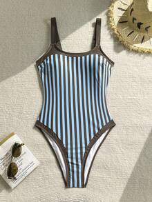 Swim Mod Women's New Striped Print Low Neck Adjustable Strap Backless Fitted Swimsuit, Suitable For Beach & Holiday, Spring/Summer - Multicolor - View 2