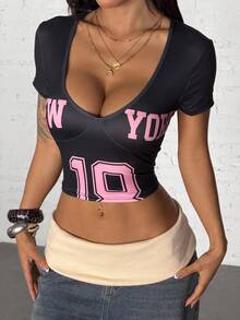 StreetHx Women's Sexy Hottie Letter Print V-Neck Short Sleeve Fitted Retro T-Shirt - Black - View 6