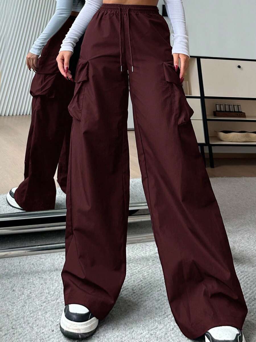SHEIN EZwear 女士休闲纯色高腰阔腿裤 - 酒紅色 - 查看 1