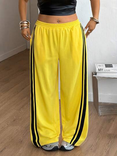 Coolane Damskie spodnie dresowe w żółte paski, w rozmiarze plus size, na lato/wiosnę, sportowe, z wysokim stanem i szerokimi nogawkami, ze ściągaczem