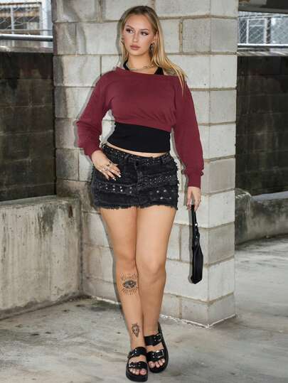 Arliah 女式 Y2K 复古亚文化做旧铆钉珍珠装饰撕边紧身牛仔迷你裙