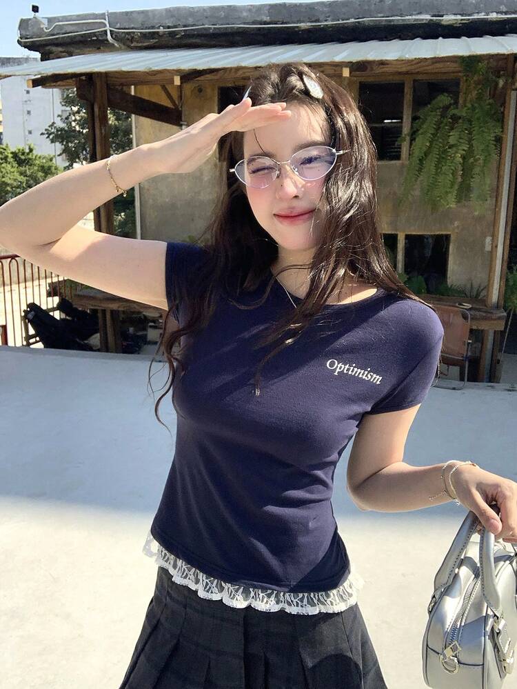 Women's Casual Daily Commute Versatile Slim Fit Letter Print Patchwork Sheer Lace Trim Short Sleeve T-Shirt, Summer