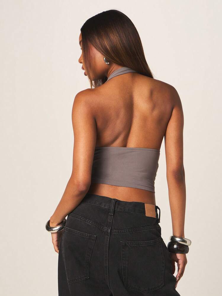 MISSGUIDED Grey Studded Halter Neck Crop Top With Deep Plunge Neckline And Tie Back Detail For Evening Party Wear
