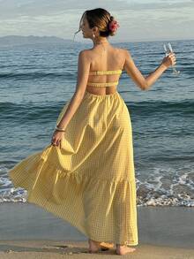 MainGRL Yellow Plaid Twist Bandeau Backless A-Line Flowy Dress, Suitable For Beach, Dates, Daily Wear, Spring/Summer - Light Yellow - View 2
